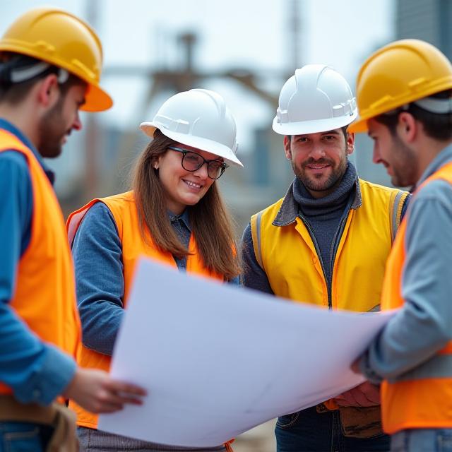 Construction management team in safety gear reviewing blueprints on site